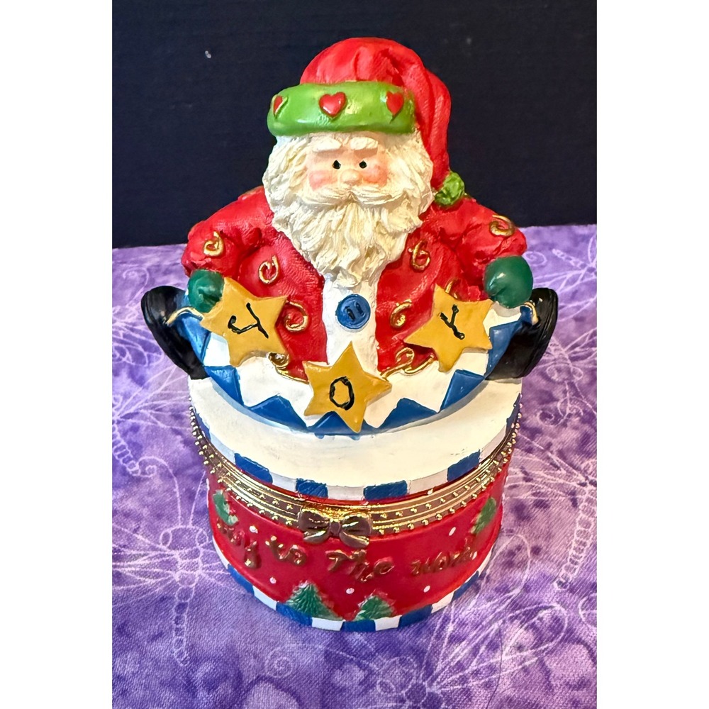 Trinket Jewelry Box Red Santa Joy to the World Hinged Christmas Holiday Decor